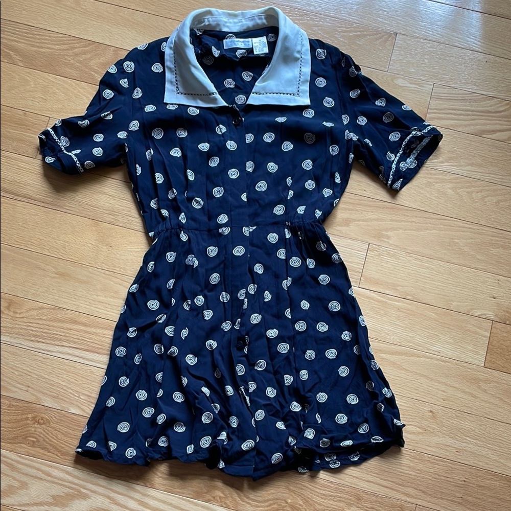 Vintage handmade Navy Blue Polka Dot spiral mini dress with White Collar small